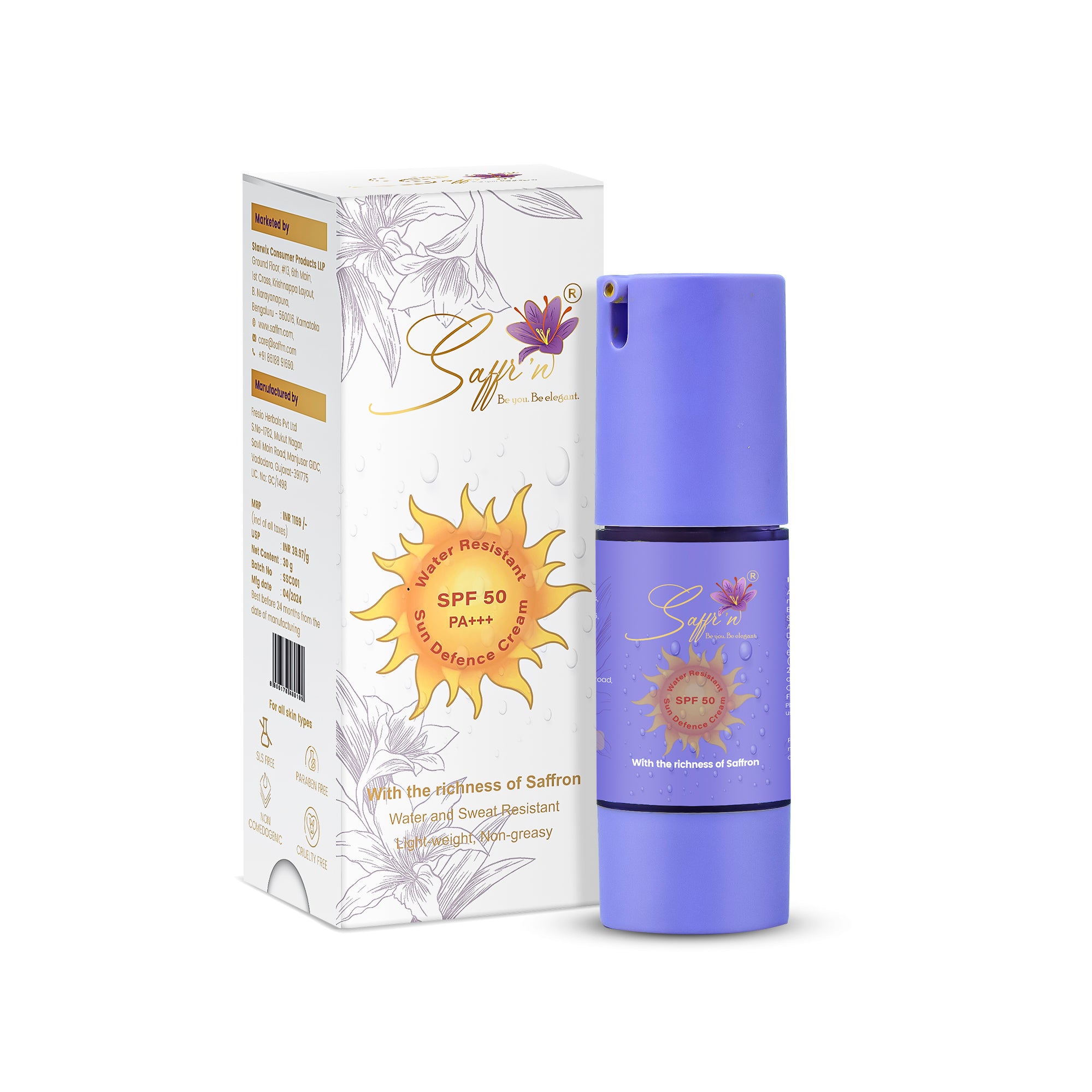 Saffr'n Water Resistant SPF 50 Sun Defence Sunscreen